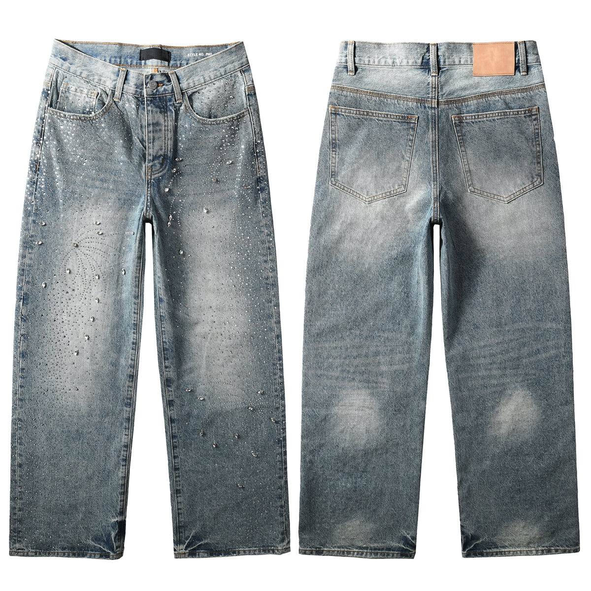 Jean large délavé vintage pour homme avec motif feu d'artifice en cristal et strass sur toute la surface 9133