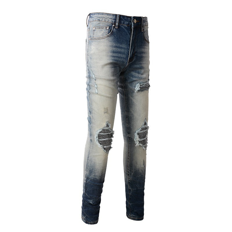 Jeans High Street pour hommes, jeans déchirés tendance avec patchs diamantés #1331