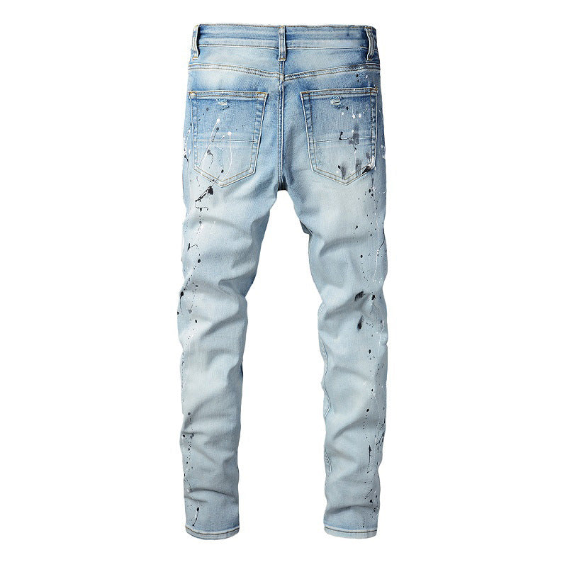 820 Jeans de mezclilla de algodón microelástico con parches rotos y pintura azul claro para jóvenes