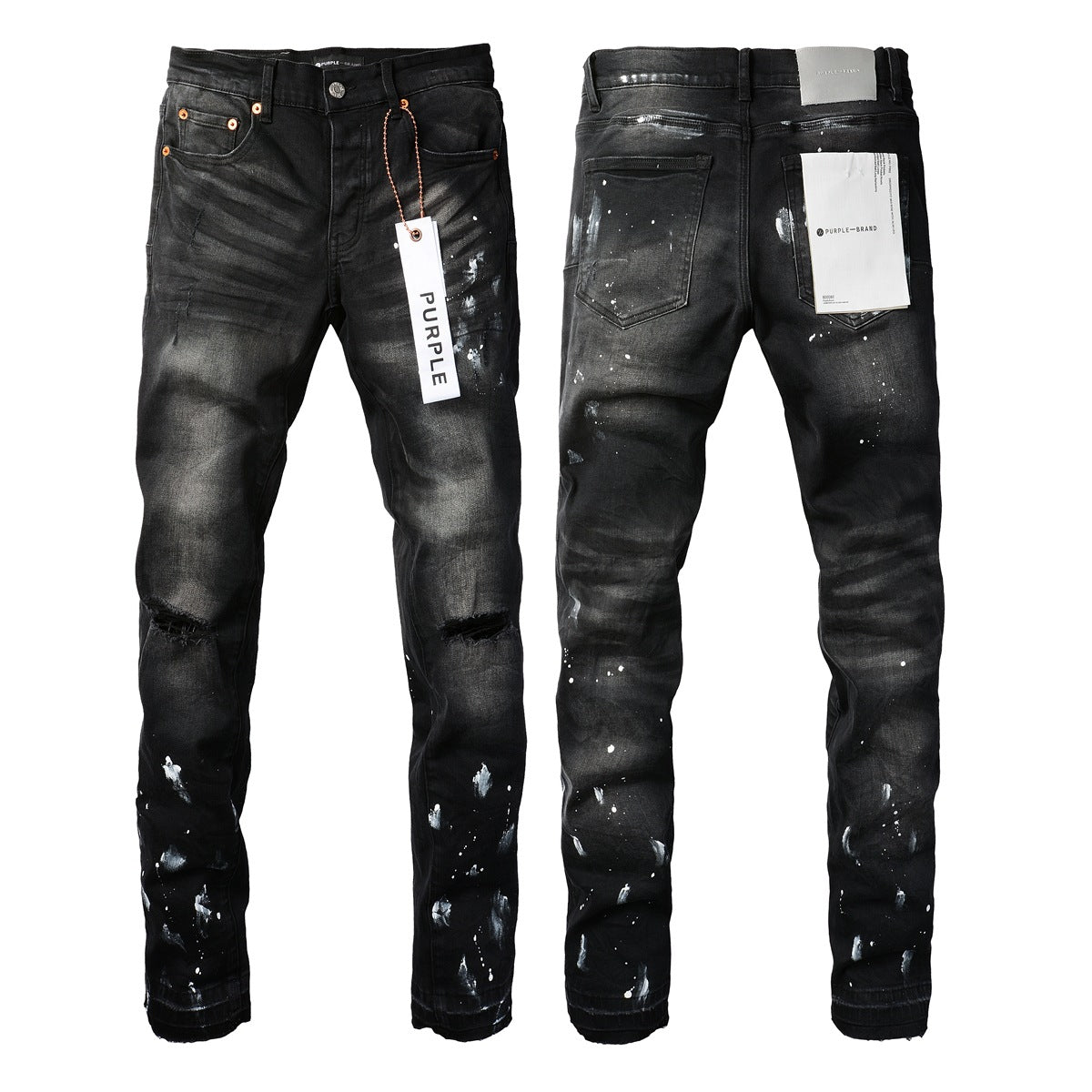 Jeans violets de marque avec peinture noire High Street en détresse (9002-7025) Pantalons de mode