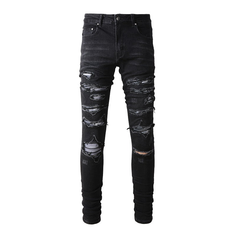 Jean slim stretch noir délavé avec détails en similicuir polyvalents (891-8833)