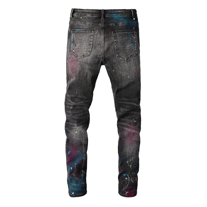 Pantalones vaqueros rasgados High Street para hombre, con pintura en aerosol y grafiti, elásticos y ajustados, 5636