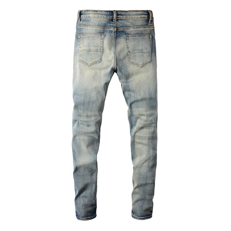 6806 High Street Trendy Brand Ripped Patch Jeans Vintage Jeans ajustados elásticos para hombre High Street