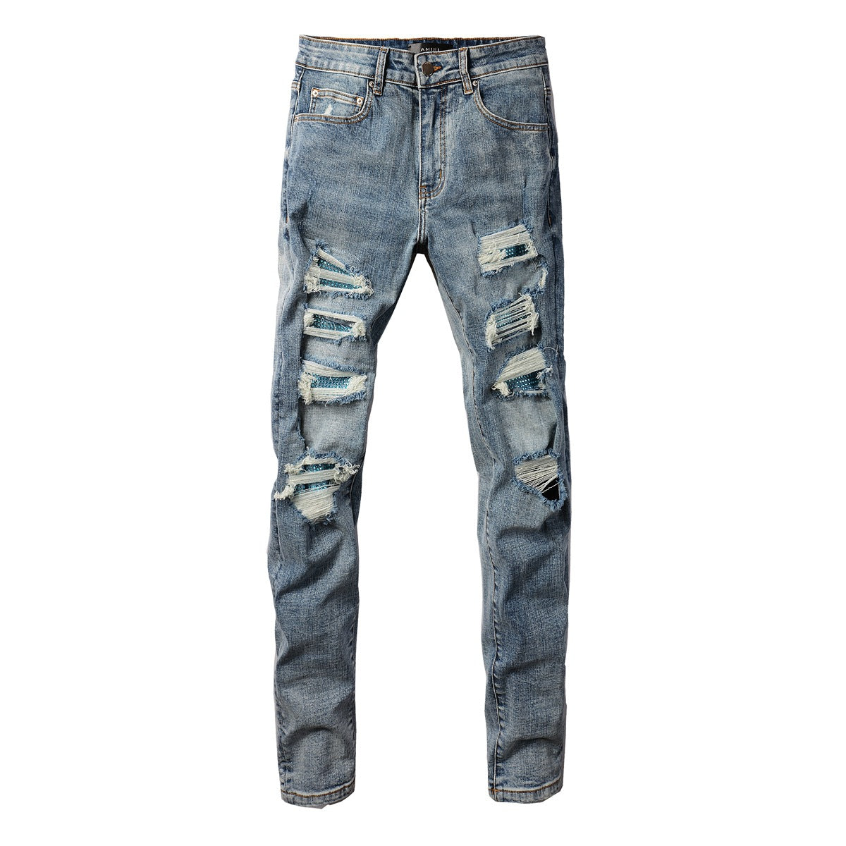 Jean Slim Fit tendance avec effet délavé et ornements en strass bleus 8835