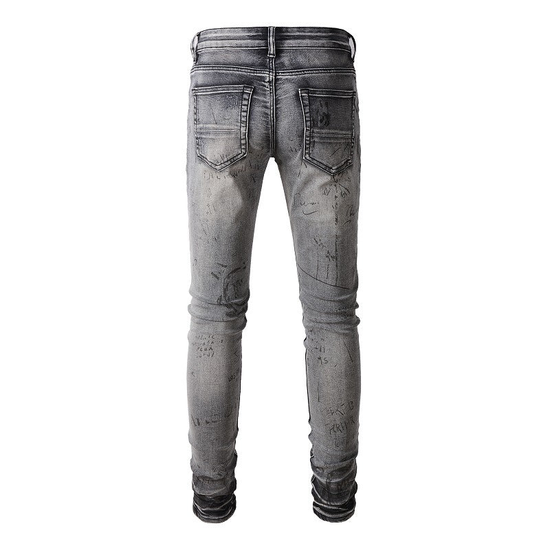 Jean slim déchiré en coton micro-élastique pour jeunes, gris, avec éclaboussures de peinture #879