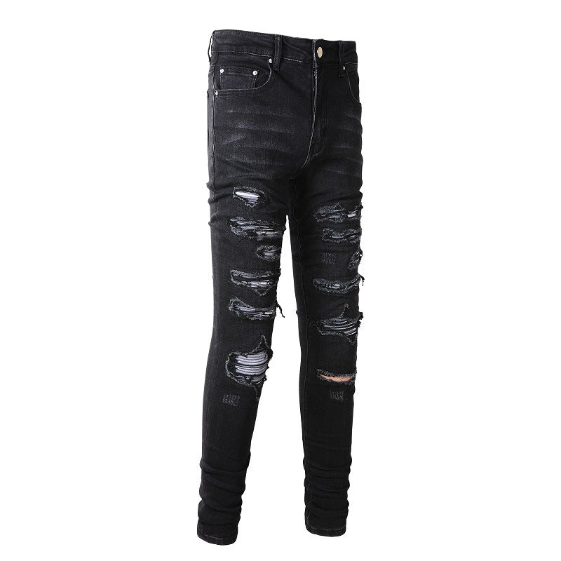Jean slim stretch noir délavé avec détails en similicuir polyvalents (891-8833)