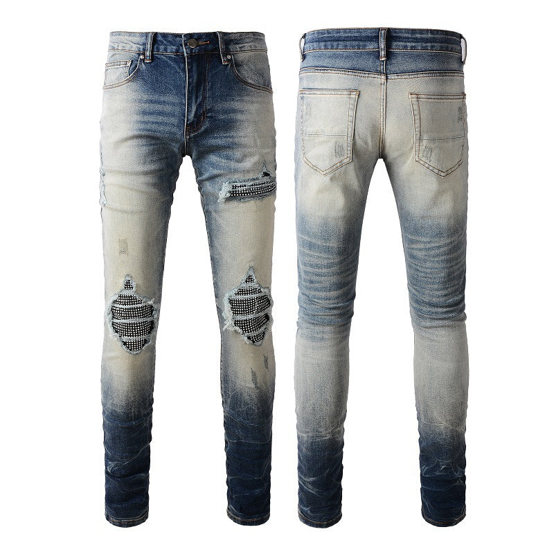 Jeans High Street pour hommes, jeans déchirés tendance avec patchs diamantés #1331