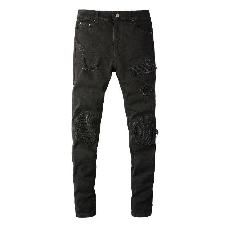 Jean slim noir pour homme avec détails froissés, patchs et design déchiré 602