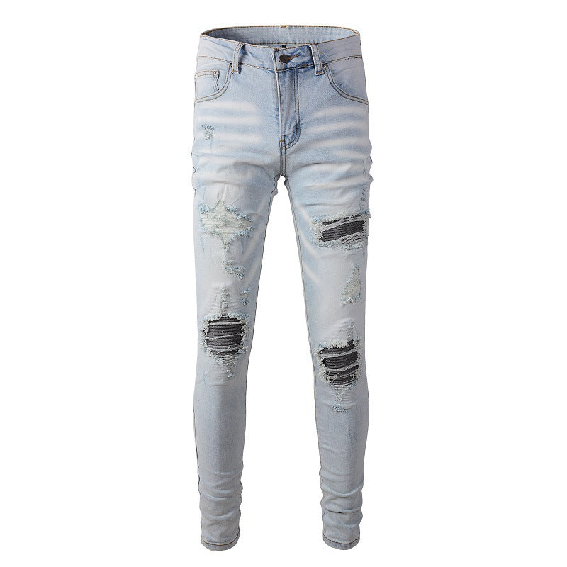 Jean slim déchiré bleu clair avec patch brodé et patch floral pour homme