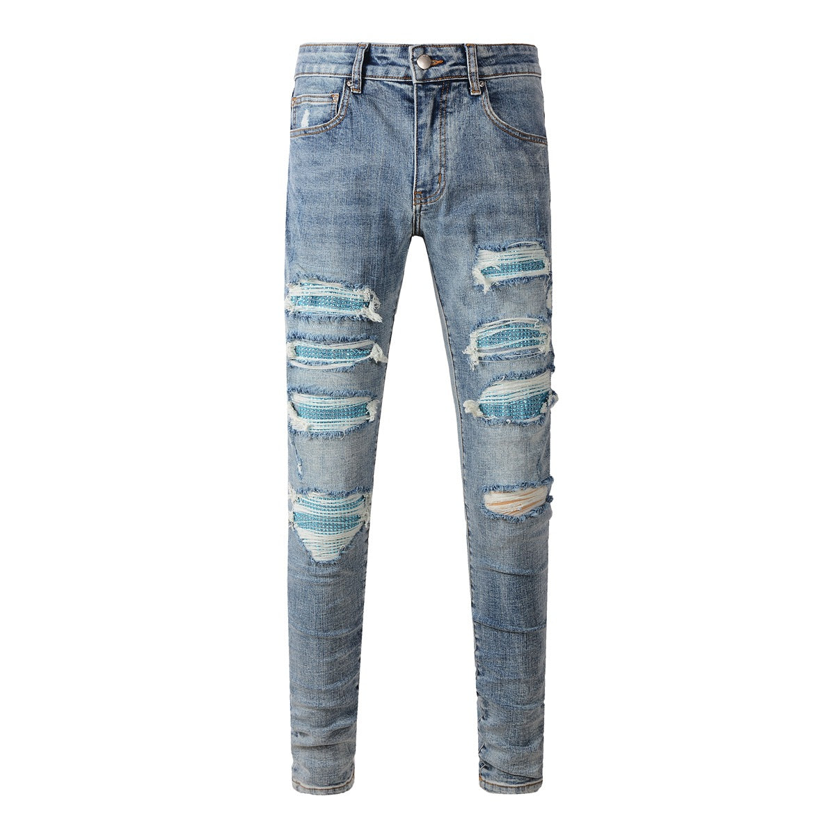Jean Slim Fit tendance avec effet délavé et ornements en strass bleus 8835