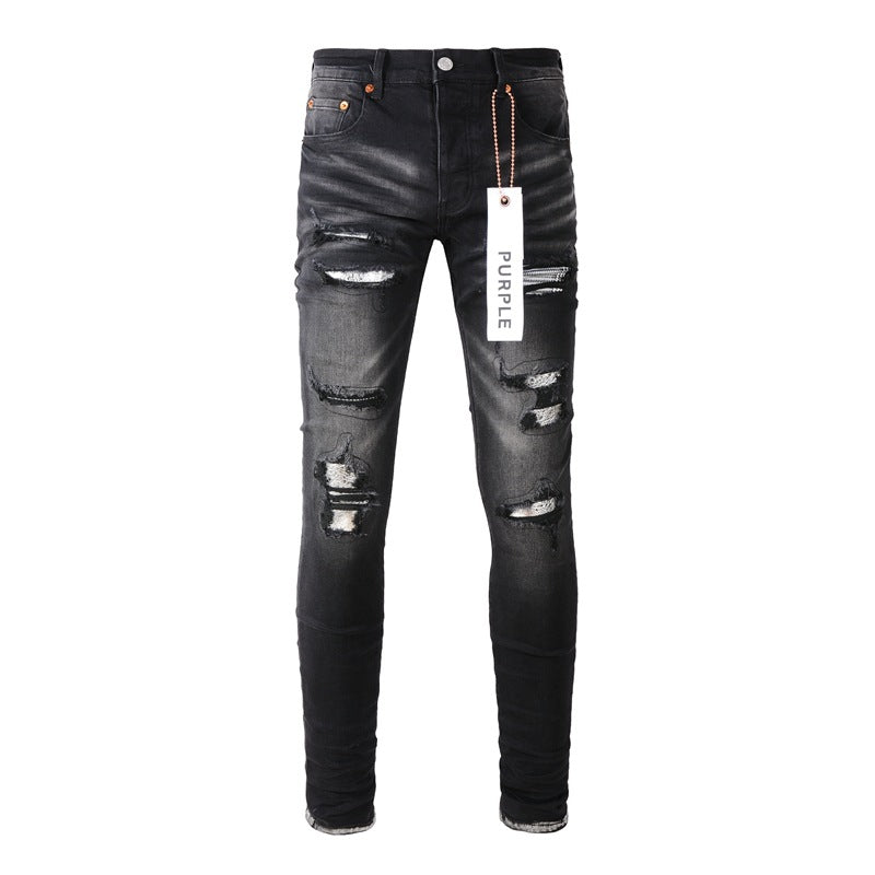 Jean noir tendance pour homme avec trou vieilli et personnalité unique 9001