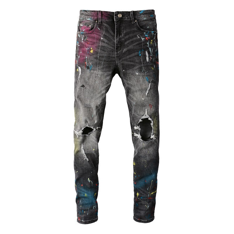 Pantalones vaqueros rasgados High Street para hombre, con pintura en aerosol y grafiti, elásticos y ajustados, 5636