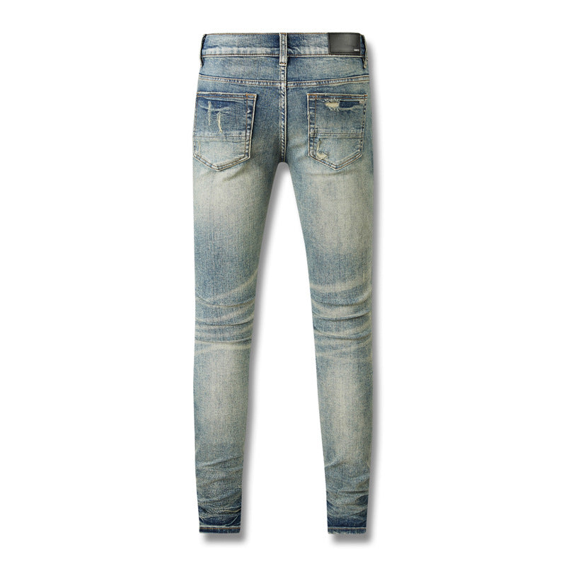 Mens Fashion Skinny Straight Slim Jeans 8602 Non Elastic Ripped Denim with Knee Tears