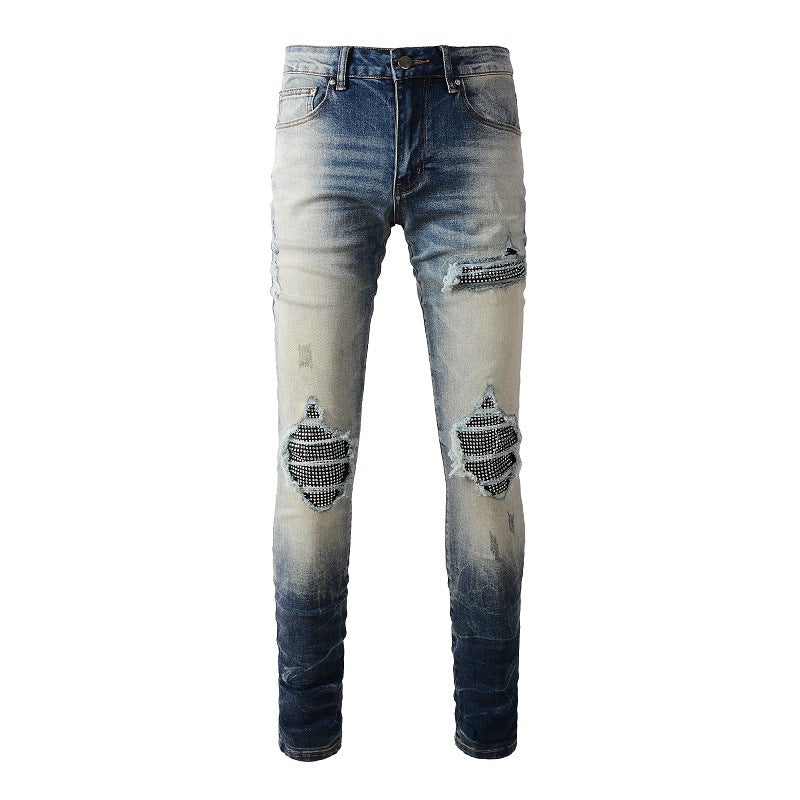 Jeans High Street pour hommes, jeans déchirés tendance avec patchs diamantés #1331