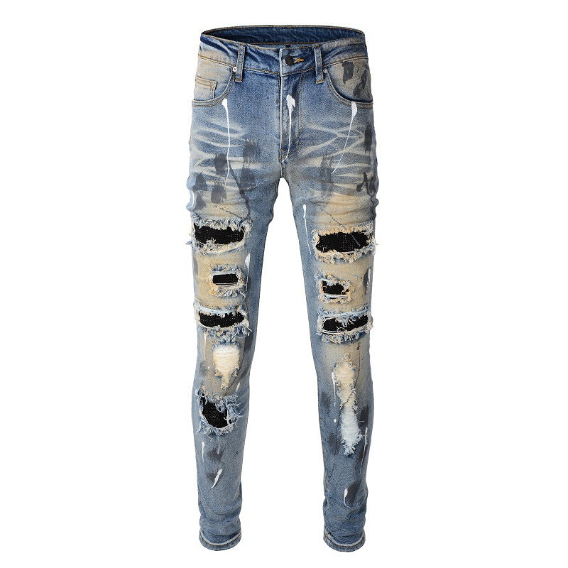 523 Jeans Slim Élastique De Marque Tendance Européenne Et Américaine Anciens Rétro Chauds Diamants Éclaboussants D'encre Patch