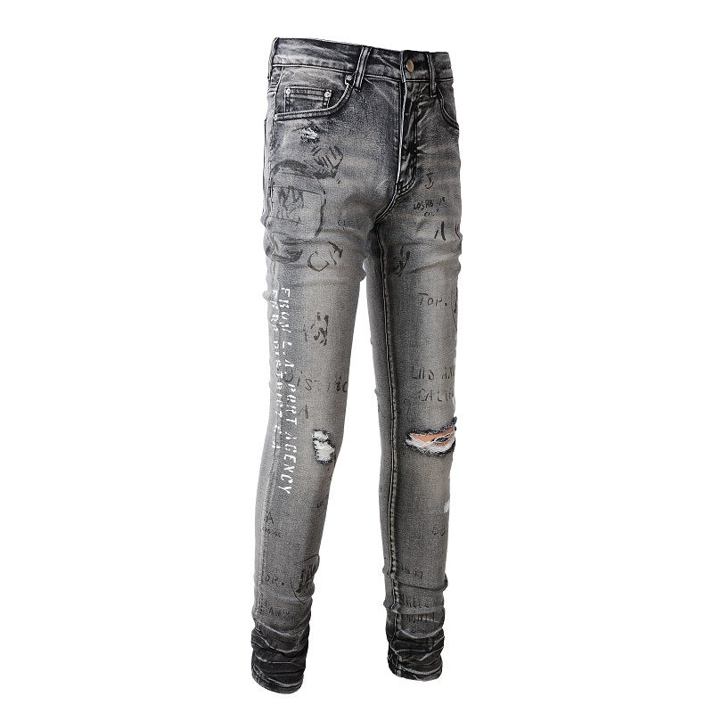 Jean slim déchiré en coton micro-élastique pour jeunes, gris, avec éclaboussures de peinture #879