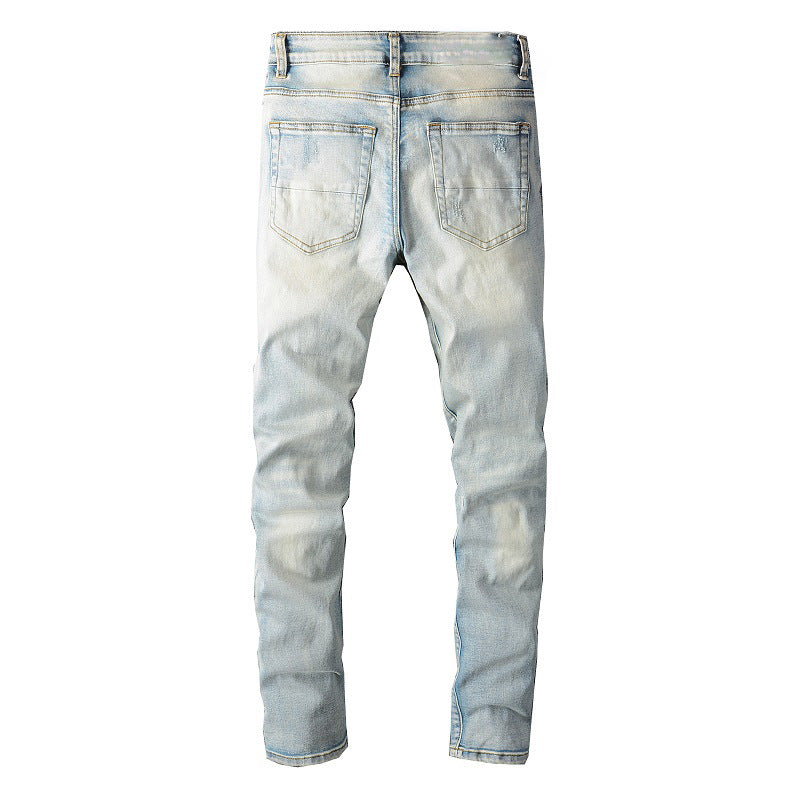 Pantalones casuales de mezclilla de calle, jeans ajustados rotos azules para jóvenes de algodón microelástico n.° 697