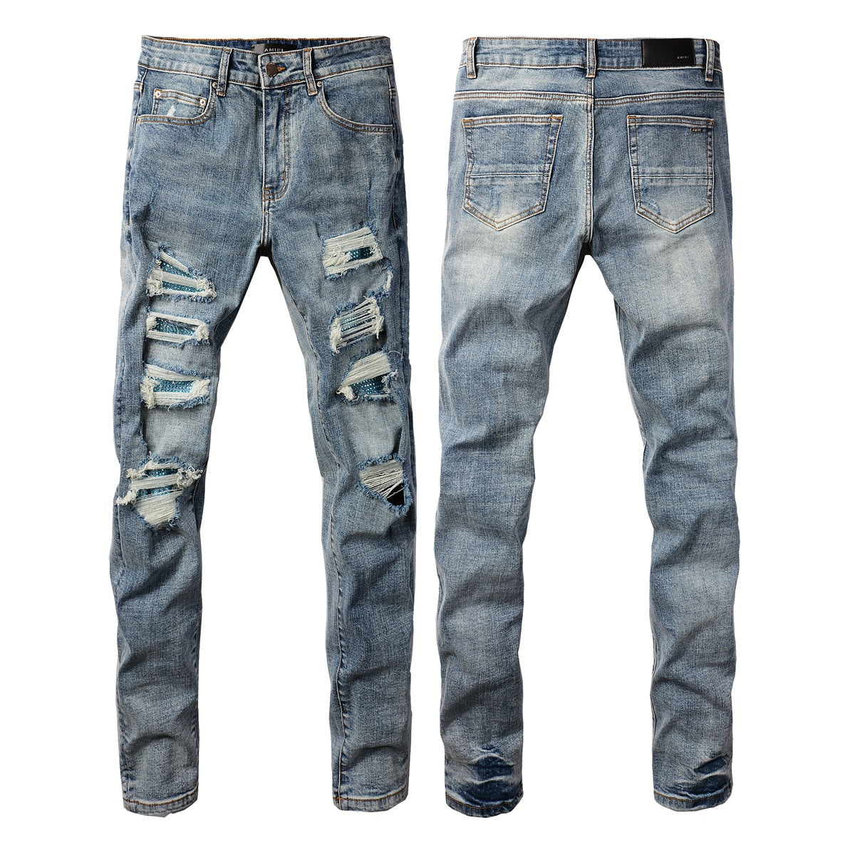 Jean Slim Fit tendance avec effet délavé et ornements en strass bleus 8835