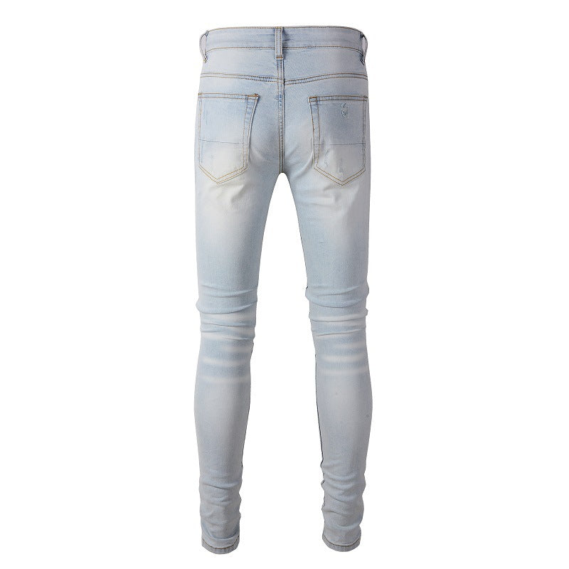 Jean slim déchiré bleu clair avec patch brodé et patch floral pour homme