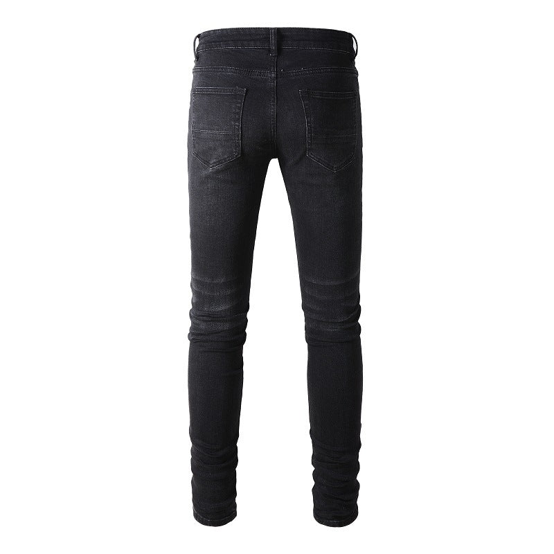 Jean slim stretch noir délavé avec détails en similicuir polyvalents (891-8833)