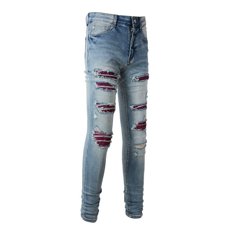 1308 Jeans High Street européens et américains, percés à chaud, déchirés, slim et fins
