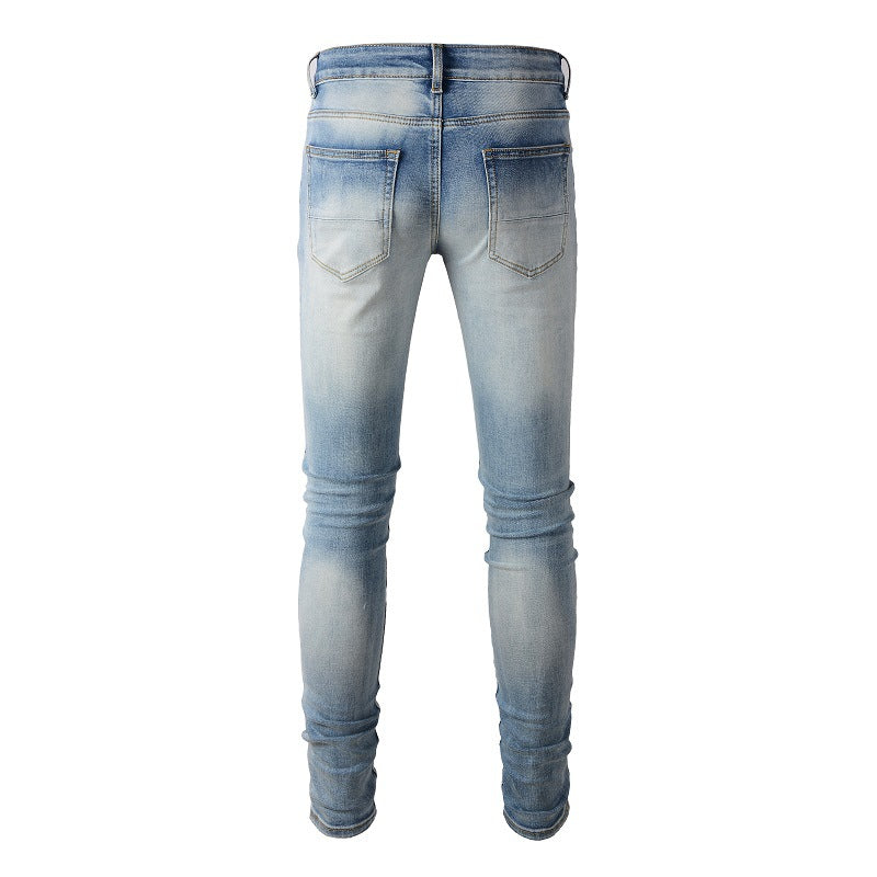 1308 Jeans High Street européens et américains, percés à chaud, déchirés, slim et fins