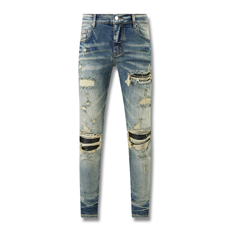 Mens Fashion Skinny Straight Slim Jeans 8602 Non Elastic Ripped Denim with Knee Tears