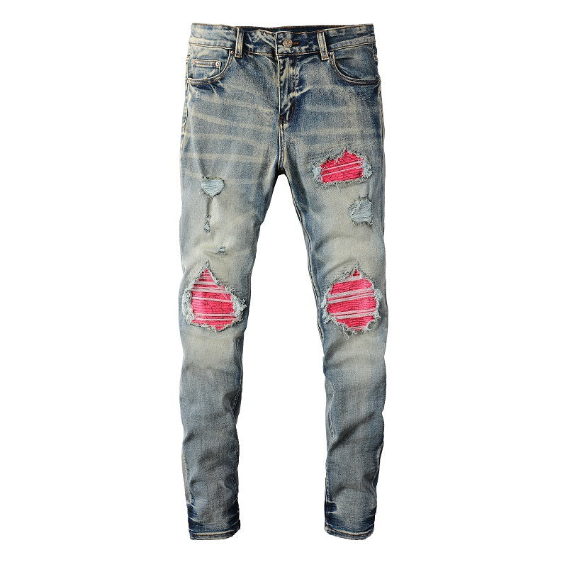 6806 High Street Trendy Brand Ripped Patch Jeans Vintage Jeans ajustados elásticos para hombre High Street