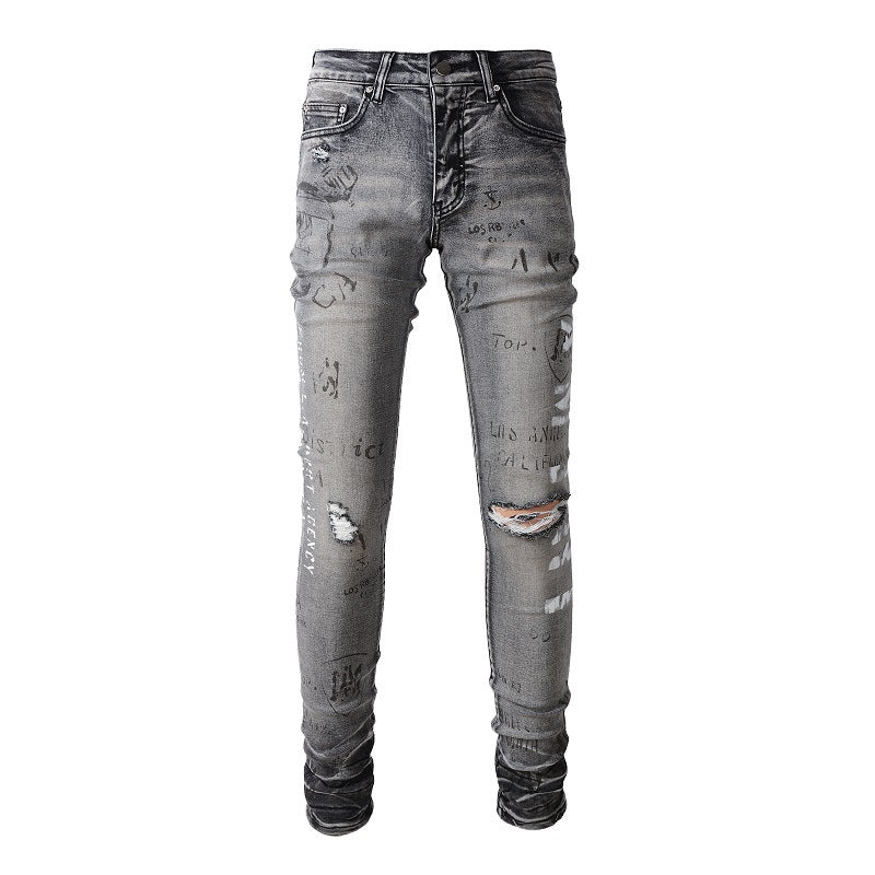 Jean slim déchiré en coton micro-élastique pour jeunes, gris, avec éclaboussures de peinture #879