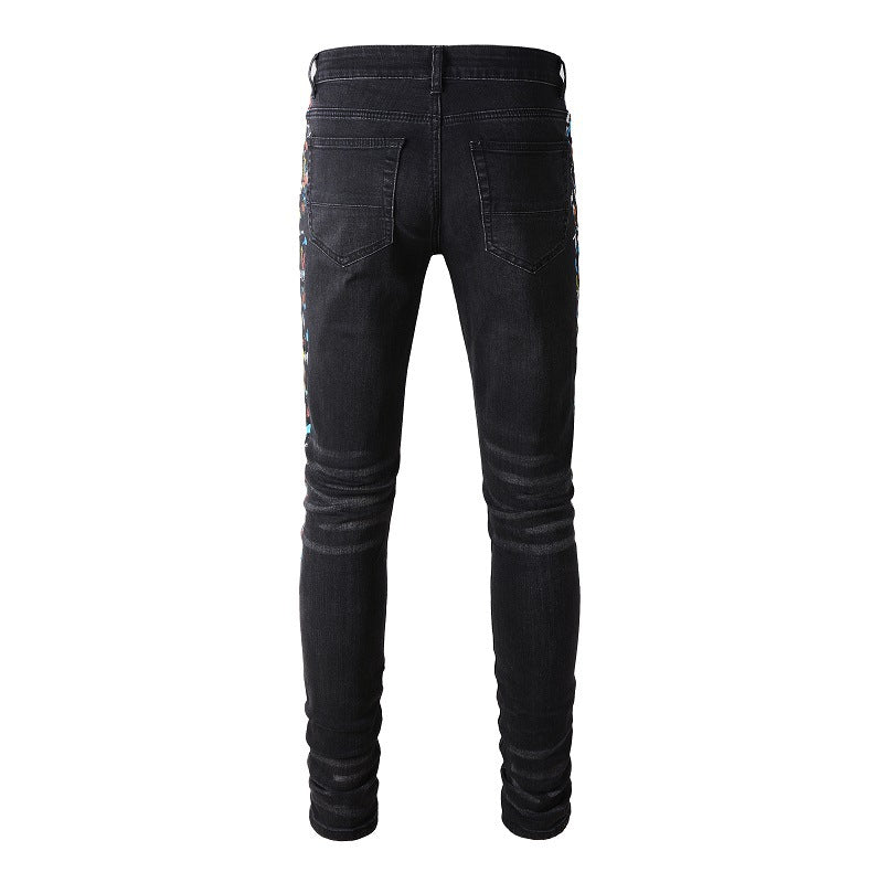 Pantalones casuales de mezclilla de calle de algodón microelástico para jóvenes, jeans ajustados con salpicaduras de pintura negra n.° 865