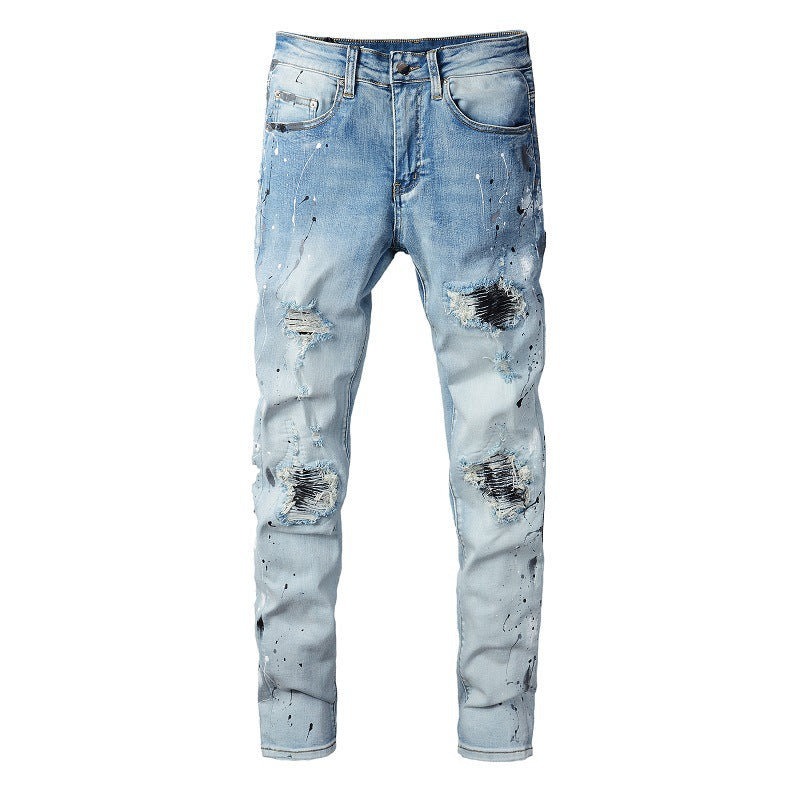 820 Jeans de mezclilla de algodón microelástico con parches rotos y pintura azul claro para jóvenes
