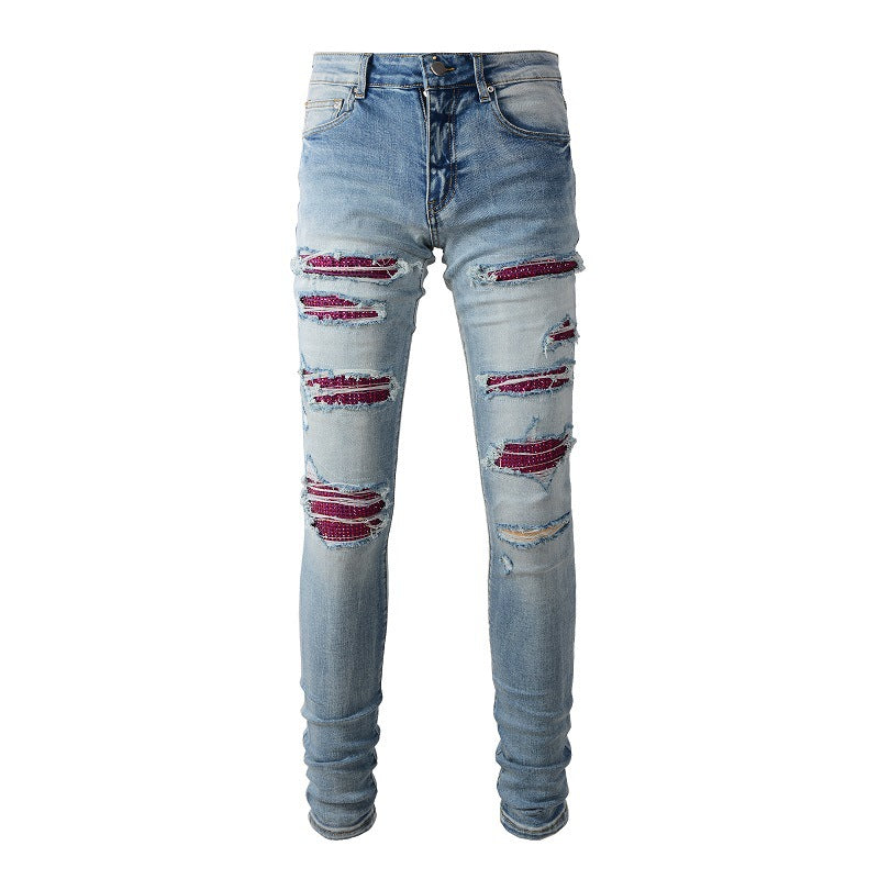 1308 Jeans High Street européens et américains, percés à chaud, déchirés, slim et fins