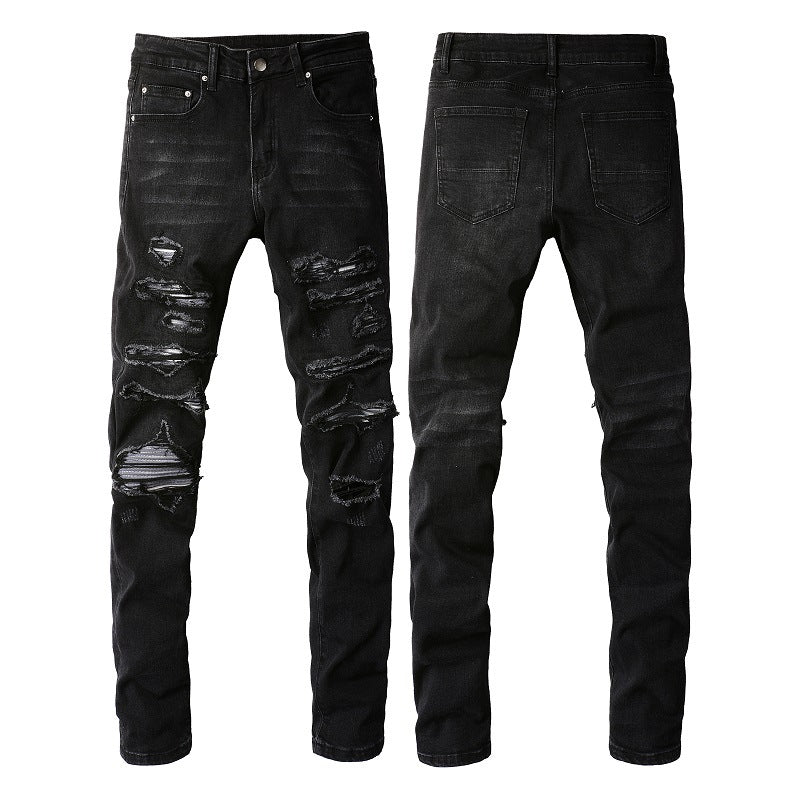 Jean slim stretch noir délavé avec détails en similicuir polyvalents (891-8833)