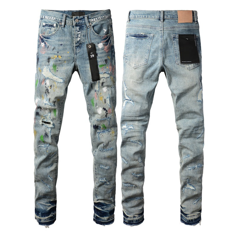 Vaqueros desgastados de color azul claro 9072 con detalles rotos de moda