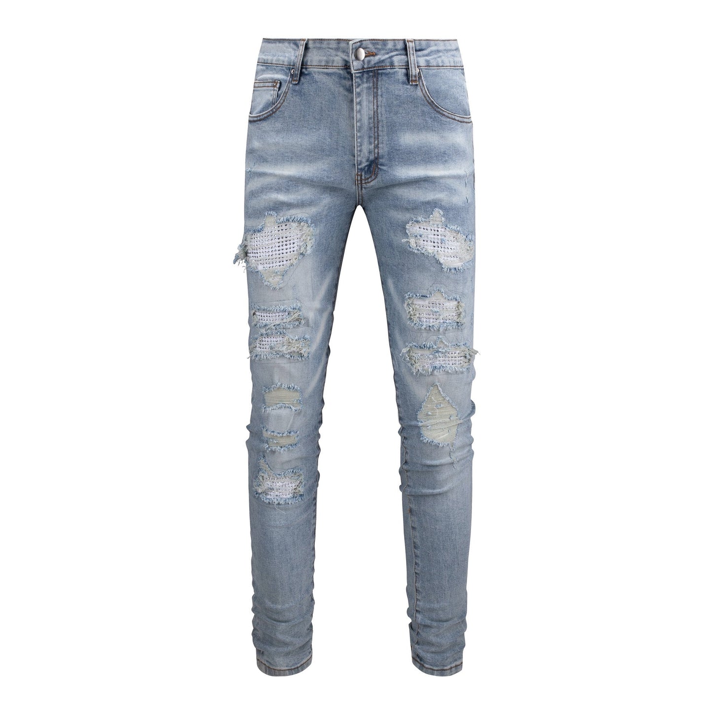 Men's Slim Fit White Jeans with Rhinestone Patches and Distressed Design 808