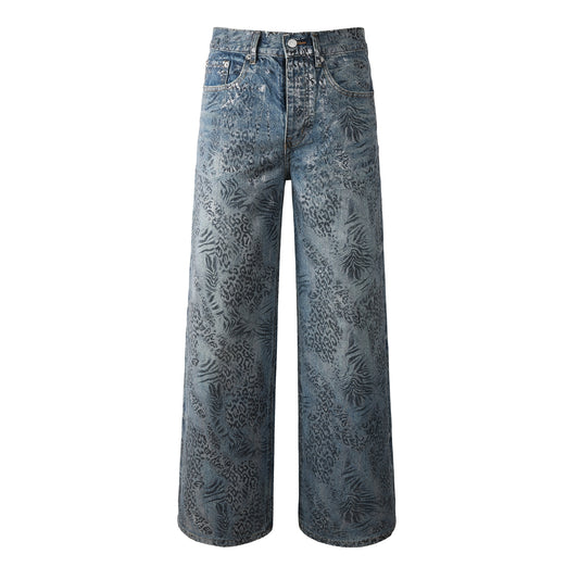 Vaqueros azules holgados de estilo urbano para hombre con lavado exclusivo con estampado de hojas de leopardo para un estilo urbano retro 100 