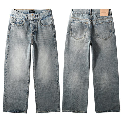 Vaqueros holgados de lavado claro para hombre con efecto descolorido y salpicaduras de pintura blanca clara. Diseño 101 