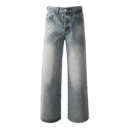 Vaqueros holgados de lavado claro para hombre con efecto descolorido y salpicaduras de pintura blanca clara. Diseño 101 