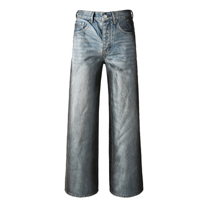Jean bleu clair à jambe large pour homme, effet cuir imitation croco et délavé vintage, style urbain 102 