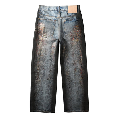 Jean bleu clair à jambe large pour homme, effet cuir imitation croco et délavé vintage, style urbain 102 