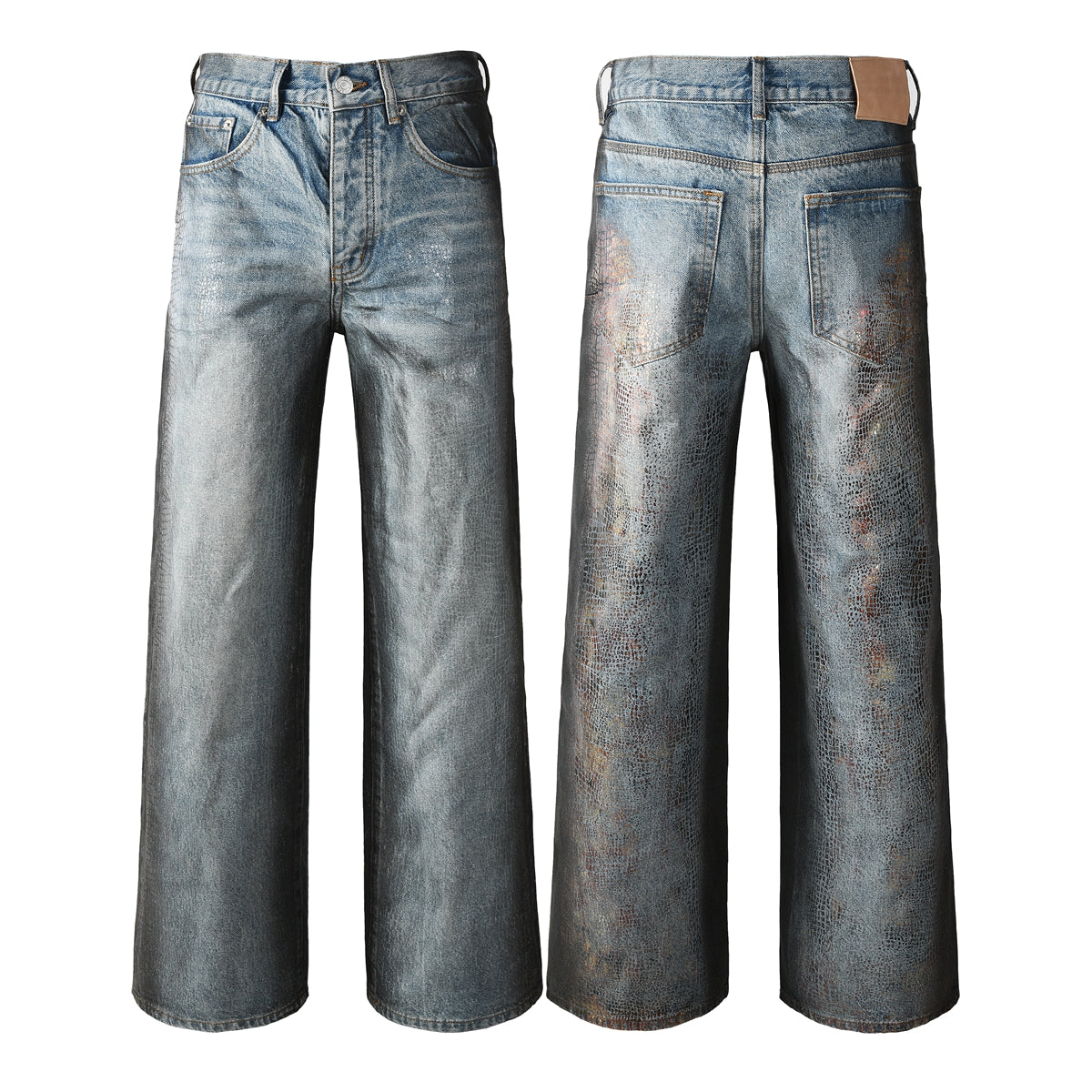 Jean bleu clair à jambe large pour homme, effet cuir imitation croco et délavé vintage, style urbain 102 