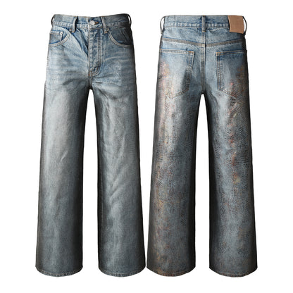 Jean bleu clair à jambe large pour homme, effet cuir imitation croco et délavé vintage, style urbain 102 