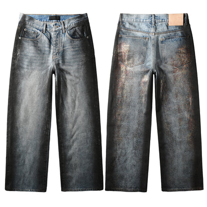 Jean bleu clair à jambe large pour homme, effet cuir imitation croco et délavé vintage, style urbain 102 