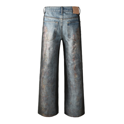 Jean bleu clair à jambe large pour homme, effet cuir imitation croco et délavé vintage, style urbain 102 