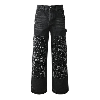 Vaqueros negros de pierna ancha para hombre con paneles frontales con tachuelas y diseño inspirado en ropa de trabajo urbana 104 