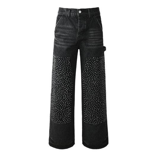 Vaqueros negros de pierna ancha para hombre con paneles frontales con tachuelas y diseño inspirado en ropa de trabajo urbana 104 