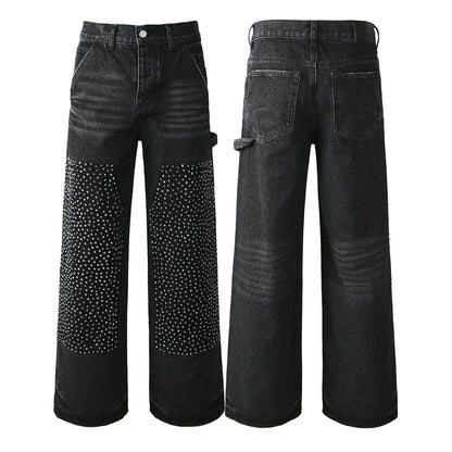Vaqueros negros de pierna ancha para hombre con paneles frontales con tachuelas y diseño inspirado en ropa de trabajo urbana 104 