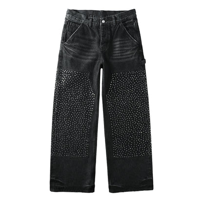 Vaqueros negros de pierna ancha para hombre con paneles frontales con tachuelas y diseño inspirado en ropa de trabajo urbana 104 