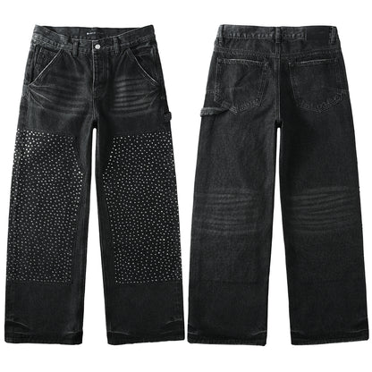 Vaqueros negros de pierna ancha para hombre con paneles frontales con tachuelas y diseño inspirado en ropa de trabajo urbana 104 