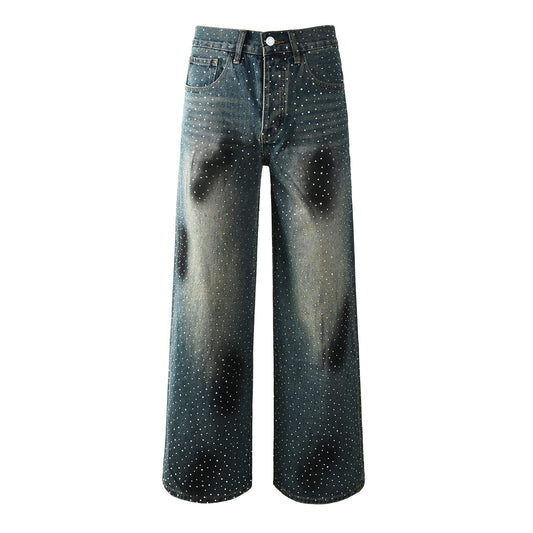 Men’s Dark Blue Wide Leg Jeans with Allover Studded Rhinestone Detailing Vintage Street Loose Denim Pants 106